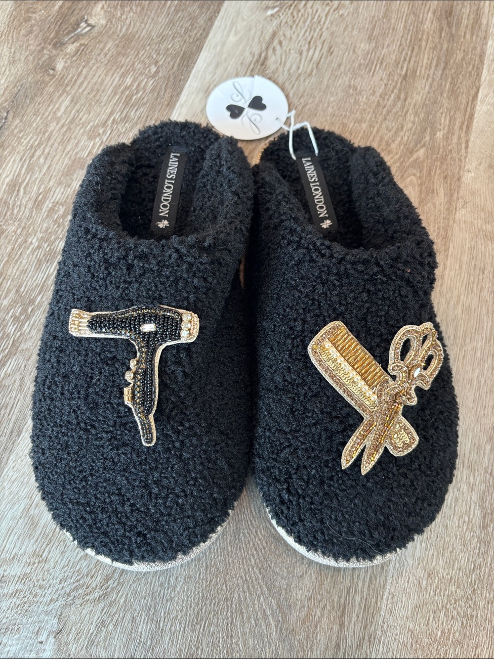 Laines London Black Plush Slippers with Gold Embellishments Hairdresser